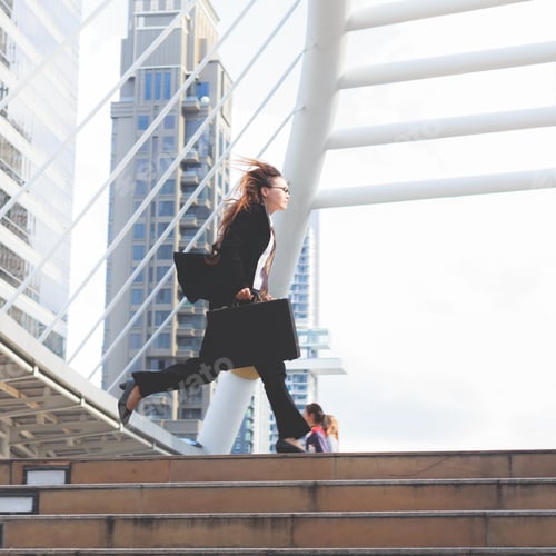 Preview: Business Woman Holding Bag And Running Rapidly To Airport In Formal Suit. In Rush Hour At Stairway