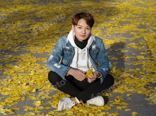Preview: Young Chinese Smiling Man Portrait Sitting In Foliage In Autumn Park. Outdoor.