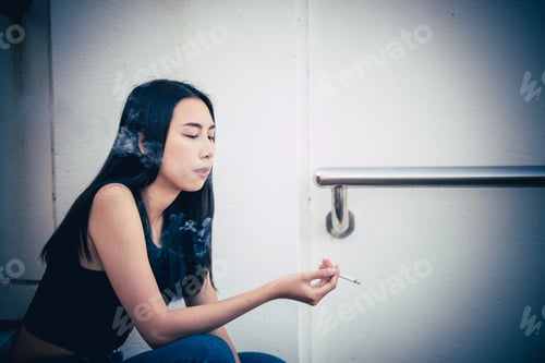 Preview: Asian Woman Sad From Love,She Smoking Because Stress From Boyfriend,Heartbreak Woman Concept
