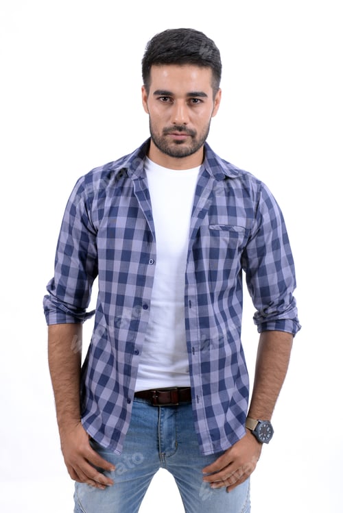 Preview: Man Poses in Plaid Shirt Against White Backdrop
