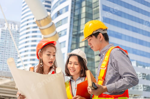 Preview: Young Worker Team, Engineer Man And Architect Team Having A Meeting With Construction Site
