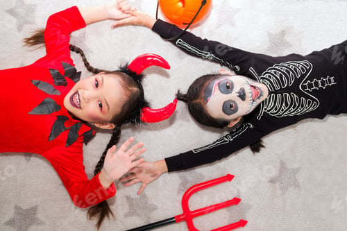 Preview: Little Girl In Halloween Carnival Costume With Jack O’ Lantern (Pumpkin) And Trident. Asian Cute
