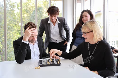 Preview: Group Of Businessman And Businesswoman Are Playing Chess, Meaning For Business Planing And Success