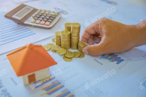 Preview: Stack Of Coins Or Coin Pile On Paper Graph At Office, Business Finance And Money Saving Concept.