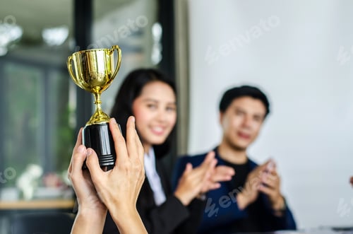 Preview: Winning Business Team Gold Trophy , Business Team Happy Consent And Successful Business Team