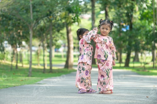 Preview: Malay Muslim Little Girls In Their Beautiful Eid Dress. Outdoor Portrait