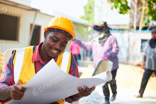 Preview: Black Engineer Or Contractor Examines The Blueprints Inside The Site.