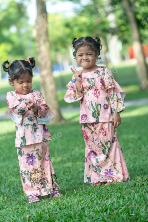 Preview: Cute Malaysian Siblings In Eid Costume. Outdoor Portrait.
