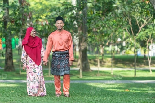 Preview: Wife Asking Forgiveness From Husband. Eid Mubarak Concept, Kids Watching. Outdoor Portraiture.