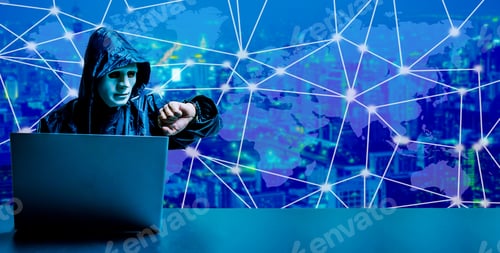Preview: Anonymous Computer Hacker In White Mask.Dark Face Using Laptop Computer For Cyber Attack And