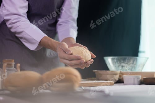 Preview: Chef Showing Buns Dough In His Hands, Homemade Bakery Concept