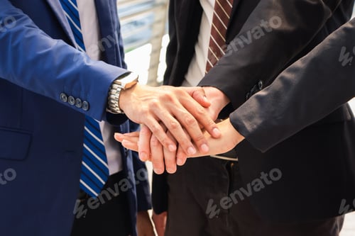 Preview: Business People Team Joining Hands Over Blurred City Background, Success Teamwork Concepts