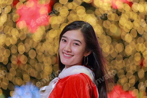 Preview: Portrait Of Beautiful Happy Christmas Santa Woman Asian On New Year And Christmas Holiday Abstract