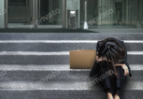 Preview: Sadness Asian Businesswoman Tired And Sit On Stair Step Front Of Building As Lost Job In