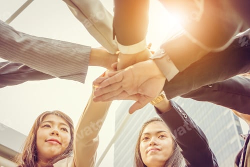 Preview: Success Teamwork Concept, Business People Team Joining Hands Outside Office City Background