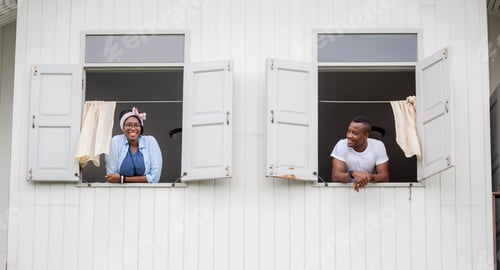 Preview: Cheerful African American Couple At Window, Happiness Family Concepts