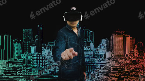 Preview: Abstract Asian Man Pointing On Graphic Digital City With Virtual Glasses In Technology Concept