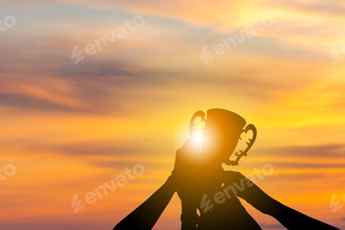 Preview: Silhouette Of People Hands Team With Clipping Path Holding Award Trophy Show Their Victory When