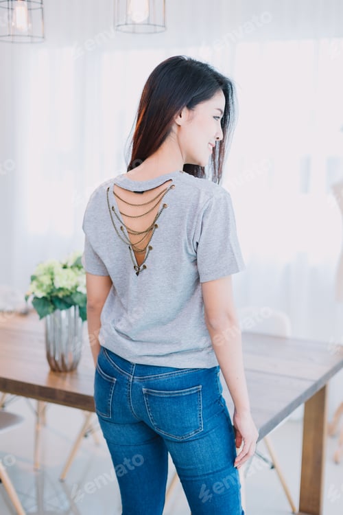 Preview: Portrait Of Beautiful Asian Girl With Beautiful Clothing T-Shirts And Jeans.