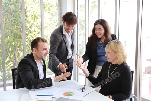 Preview: Caucasian Of Businessman And Businesswoman Are Playing Rock Paper Scissors With Multiethnic