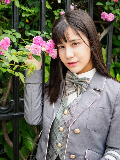Preview: Outdoor Portrait Of Beautiful Young Chinese Girl In School Uniform Japanese Style Smiling Among