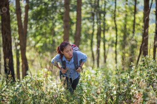Preview: Hipster Young Woman Hiking Holiday, Wild Adventure.