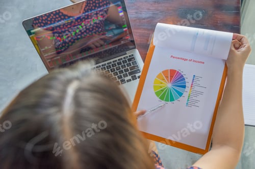 Preview: Financial Executive Working On Laptop And Pie Chart Document