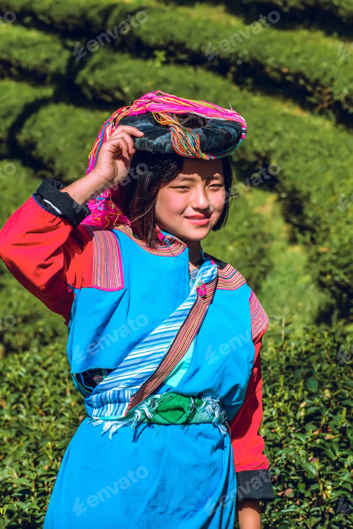 Preview: Portrait Young Asian Lady Akha Tribe,Akha Hill Standing On The Mountain In The Morning, Chiang Rai