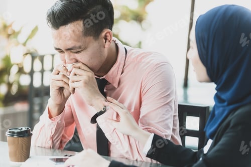 Preview: Boyfriend Sneezing, Girlfriend Worry. Health Care Concept, Contagious Flu Symptom.