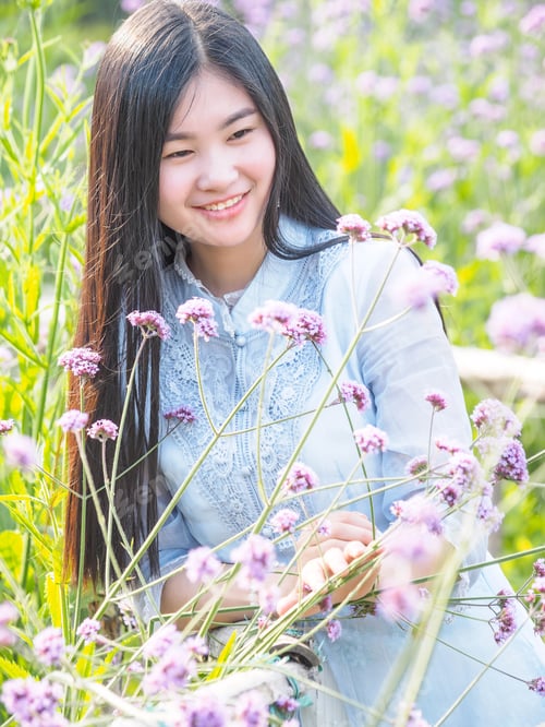 Preview: Beautiful Asian Young Woman With Verbena Flowers, Happy Girl In Vervain Field, Verbena Flowers