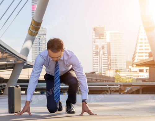 Preview: Business Man In Start Position Runner City Background, Start For Success Concept.