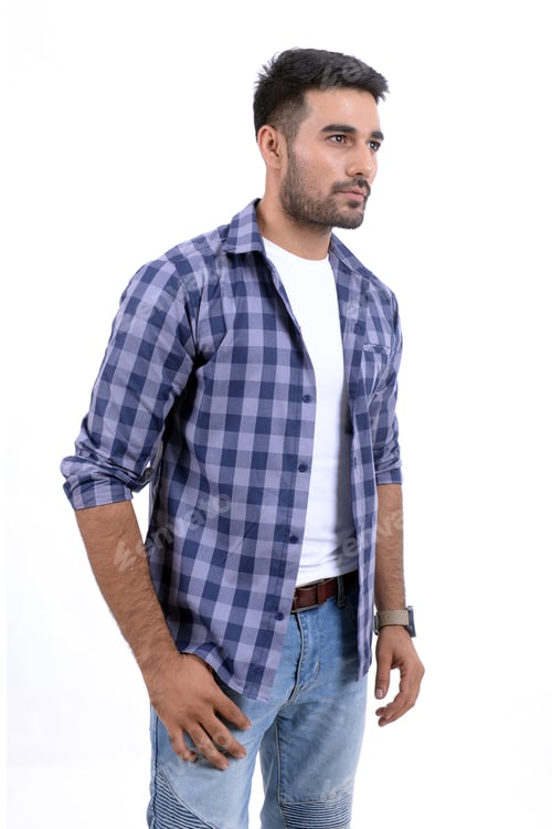 Preview: Attractive Man Wearing Open Plaid Shirt and Jeans