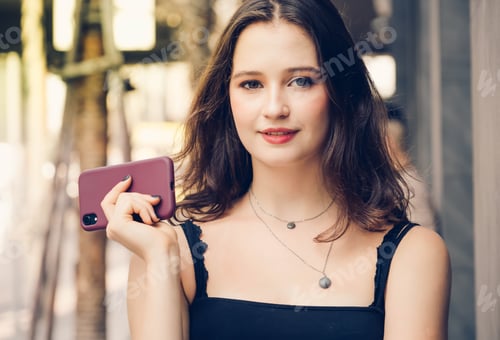 Preview: Business Woman Working On Mobile Phone Outdoors. Young Woman Use Technology Device Contact