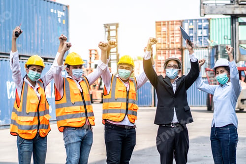 Preview: Group Of Employees And Management Team Wearing Logistic Uniforms For Exporting Products Abroad