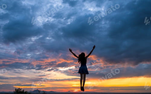 Preview: Woman Reaching Upward at Colorful Sunset Sky