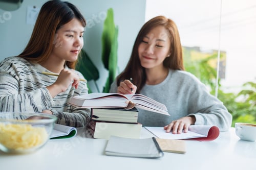 Preview: Two Young Female Students Tutoring And Catching Up Workbook Together