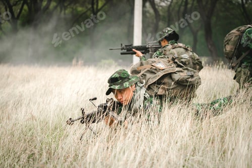 Preview: Soldier Lying On The Ground And Camouflage In Grass. Soldier Holding Gun Weapon And Waring Armor