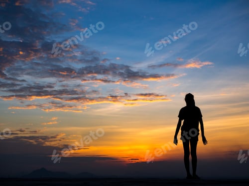 Preview: Silhouette Of Free Woman Enjoying Freedom Feeling Happy At Sunset,Roof