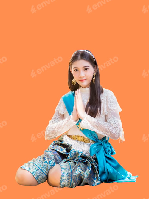 Preview: Asian Woman With Thai Modern Vintage Tradition Dress In Greeting Action Call "Waii" And Say
