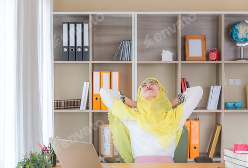 Preview: Happiness Young Business Arab Middle Eastern Muslim Woman Relaxing At Comfortable Office Chair