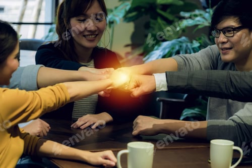 Preview: Teamwork Successful Concept.Business Team Stacking Hands For Successful Business In Office.Group Of