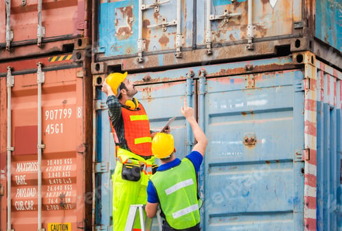 Preview: Engineer And Worker Team Checking Containers Box From Cargo, Teamwork Concept