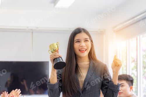 Preview: Business Woman Holding Award Trophy At Meeting Room, Celebration Success Happiness Team Concept