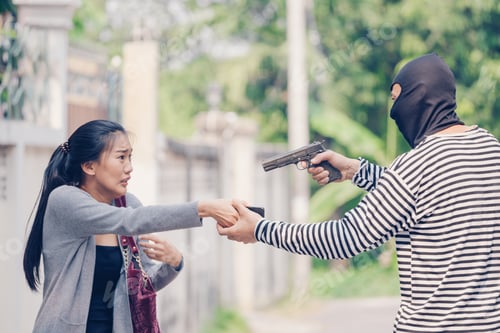 Preview: Man In Hoodie Robbing And Threatening With Gun To Frightened Young Woman While Talking On The