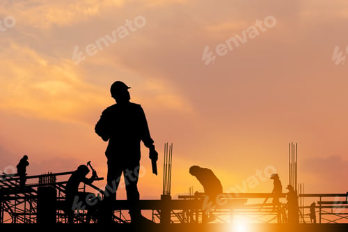 Preview: Silhouette Of Engineer And Worker Checking Project At Building Site Background, Construction Site