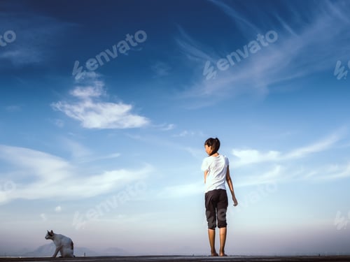 Preview: Beautiful Lonely Young Pretty Girl Standing On The Roof,Looking Away On Blue Sky Background