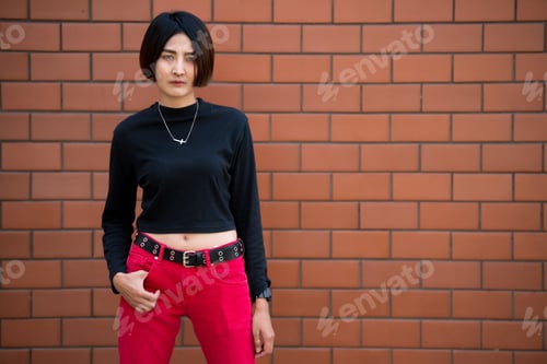 Preview: Portrait Of Beautiful Asian Chic Girl Pose For Take A Picture On Wall Background,Lifestyle Of Teen