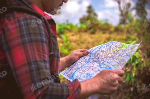 Preview: Man Traveling Tourist Backpackers Enjoying Scenery Nature View While Hiking In National Park. Of