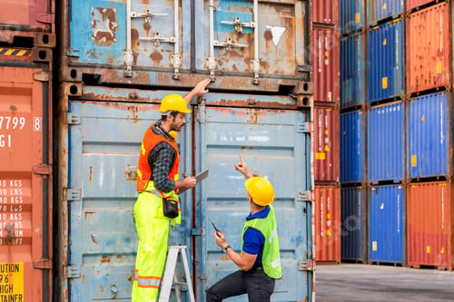 Preview: Engineer And Foreman Worker Team Checking Containers Box From Cargo, Teamwork Concept