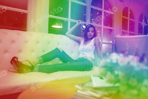 Preview: Flare Rainbow Light. Beautiful Women With Music Fashion.